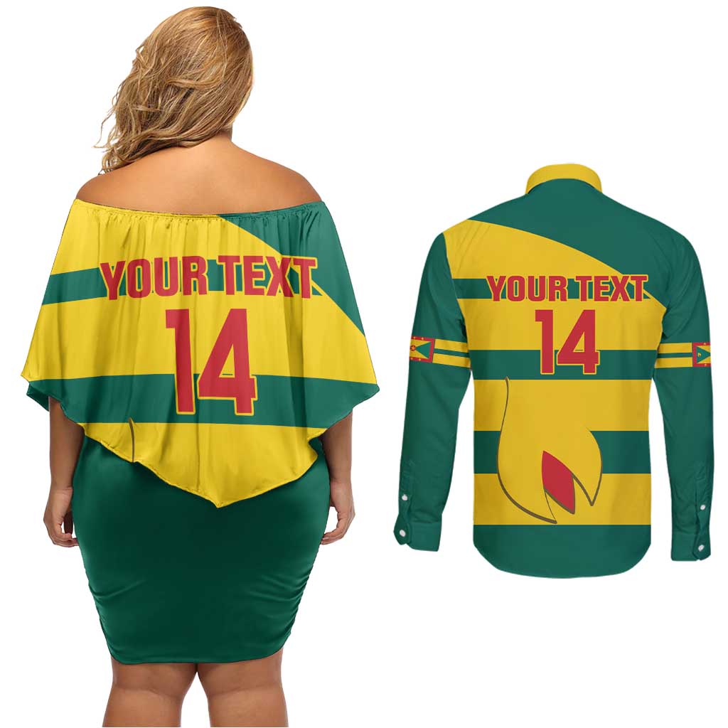 Custom Grenada Football Couples Matching Off Shoulder Short Dress and Long Sleeve Button Shirt Go Spice Boys Green Version
