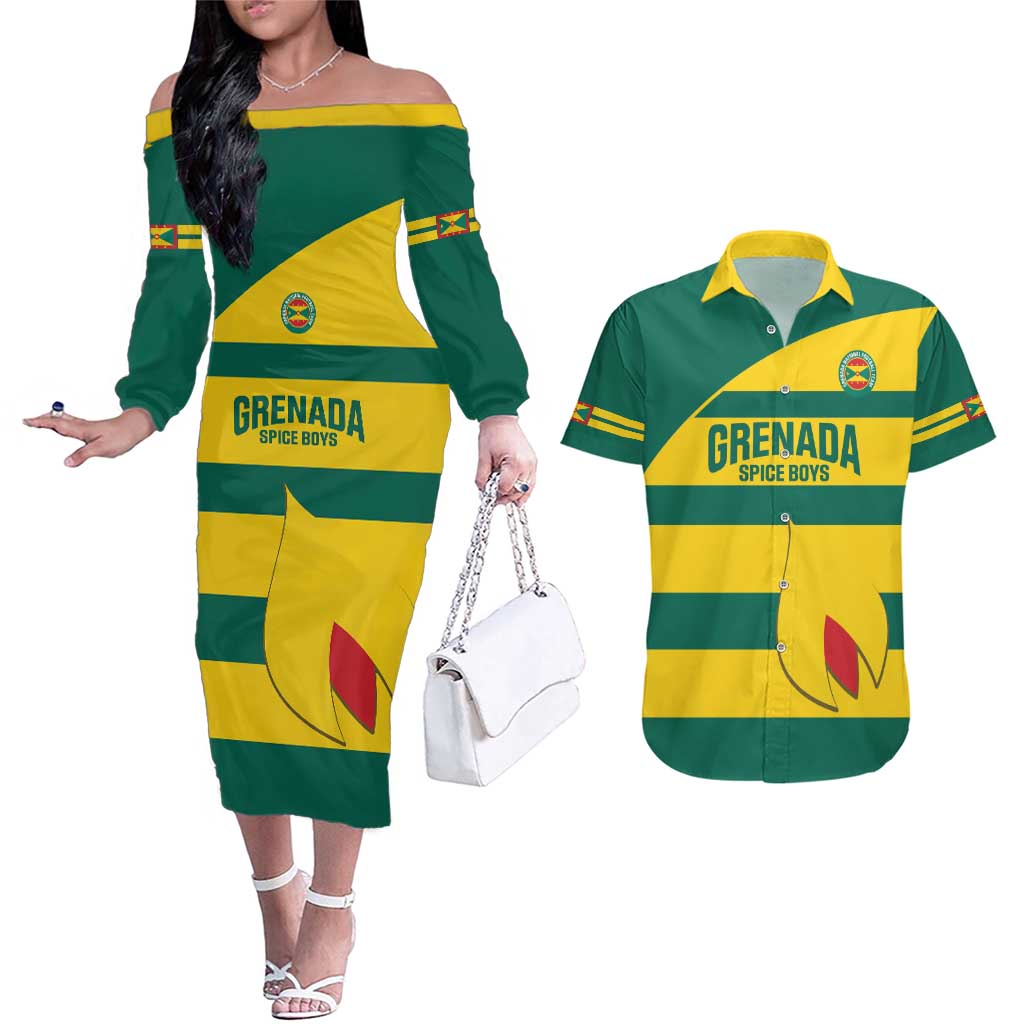 Custom Grenada Football Couples Matching Off The Shoulder Long Sleeve Dress and Hawaiian Shirt Go Spice Boys Green Version