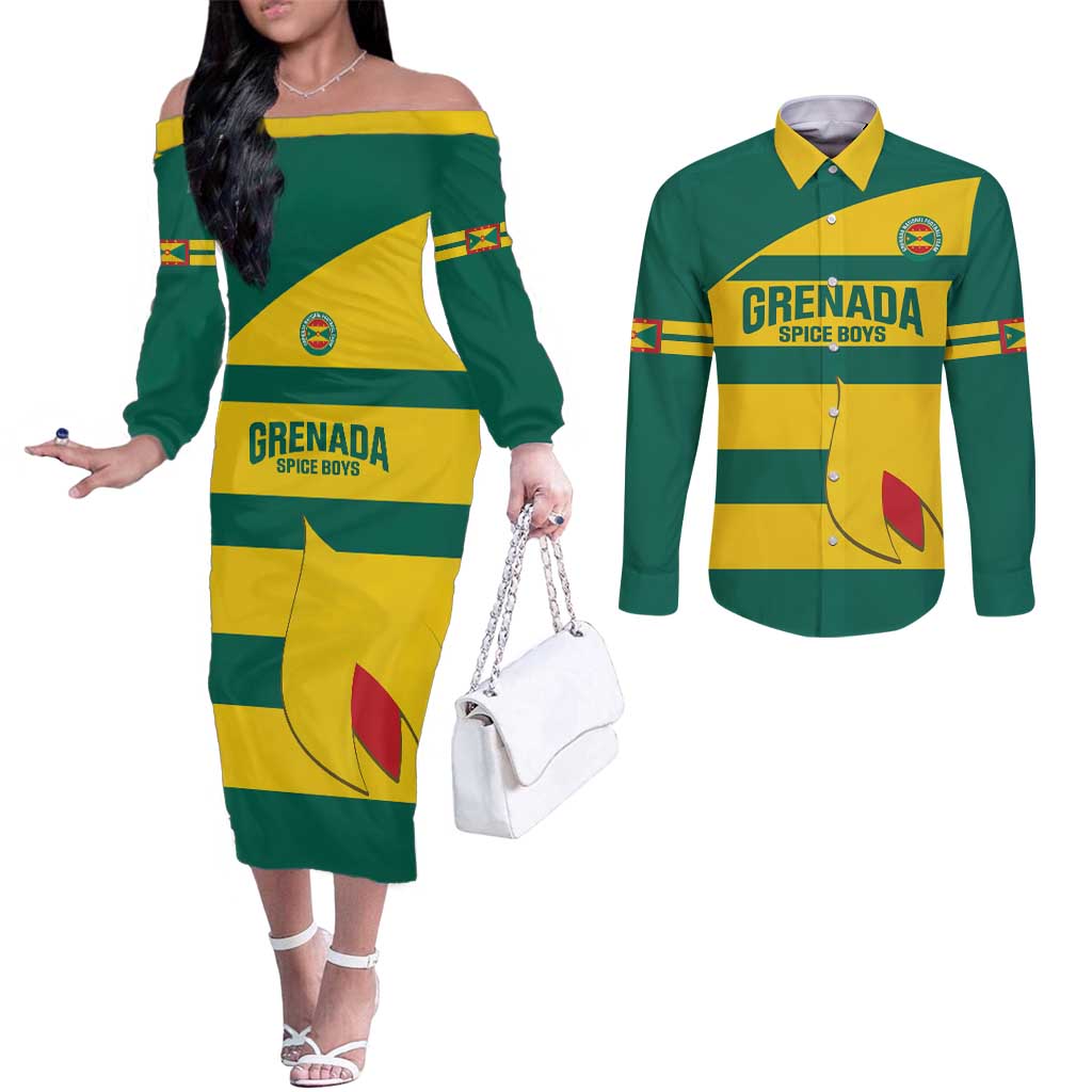 Custom Grenada Football Couples Matching Off The Shoulder Long Sleeve Dress and Long Sleeve Button Shirt Go Spice Boys Green Version