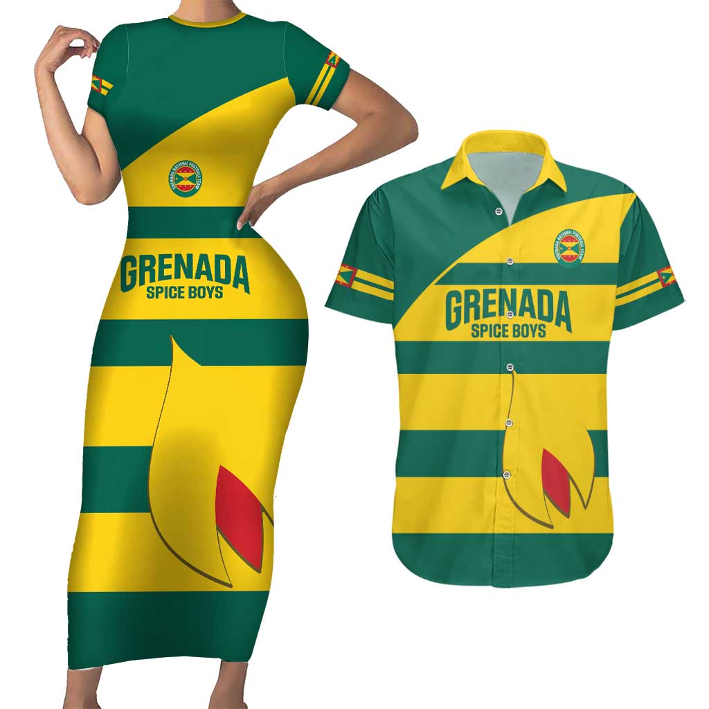 Custom Grenada Football Couples Matching Short Sleeve Bodycon Dress and Hawaiian Shirt Go Spice Boys Green Version