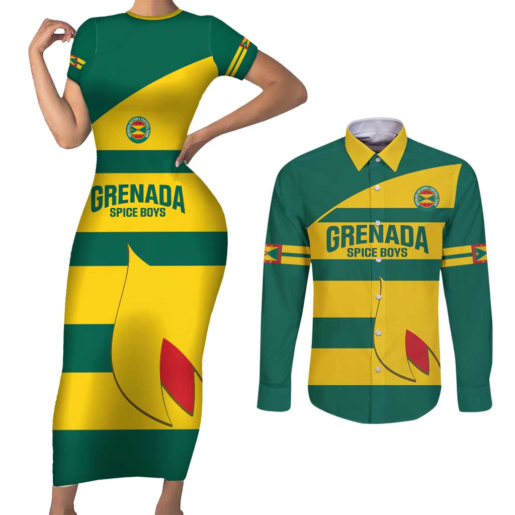 Custom Grenada Football Couples Matching Short Sleeve Bodycon Dress and Long Sleeve Button Shirt Go Spice Boys Green Version