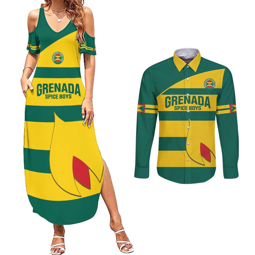 Custom Grenada Football Couples Matching Summer Maxi Dress and Long Sleeve Button Shirt Go Spice Boys Green Version