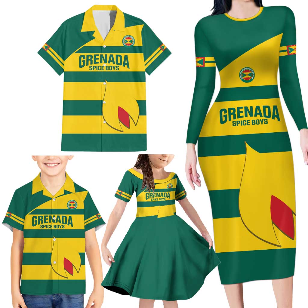Custom Grenada Football Family Matching Long Sleeve Bodycon Dress and Hawaiian Shirt Go Spice Boys Green Version