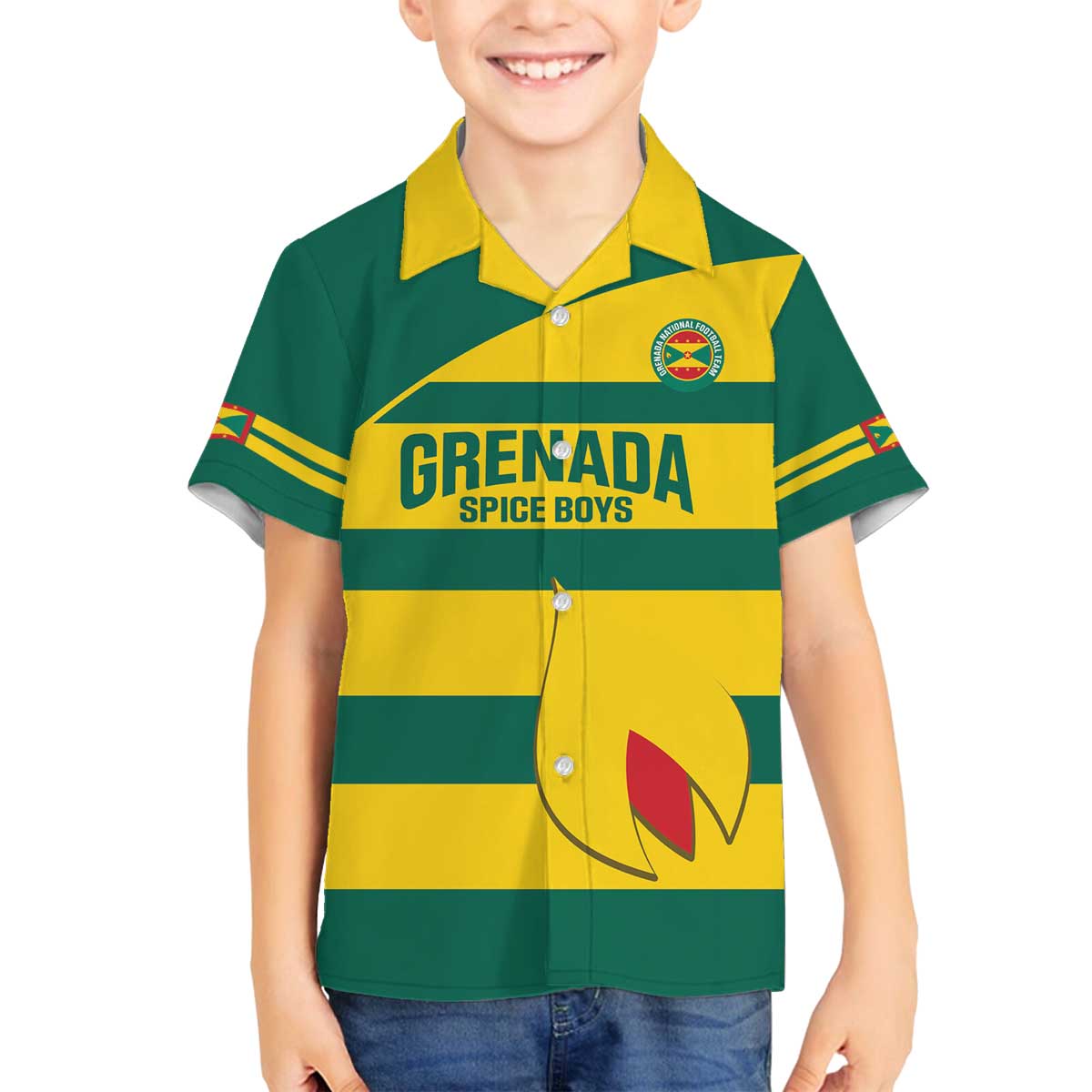 Custom Grenada Football Family Matching Off The Shoulder Long Sleeve Dress and Hawaiian Shirt Go Spice Boys Green Version