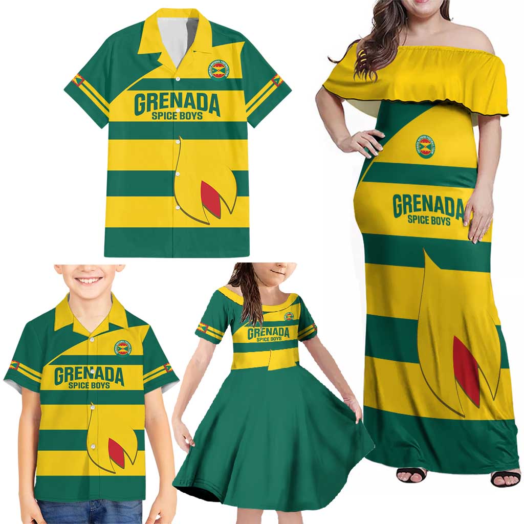 Custom Grenada Football Family Matching Off Shoulder Maxi Dress and Hawaiian Shirt Go Spice Boys Green Version
