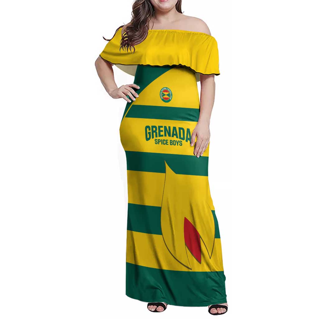 Custom Grenada Football Family Matching Off Shoulder Maxi Dress and Hawaiian Shirt Go Spice Boys Green Version