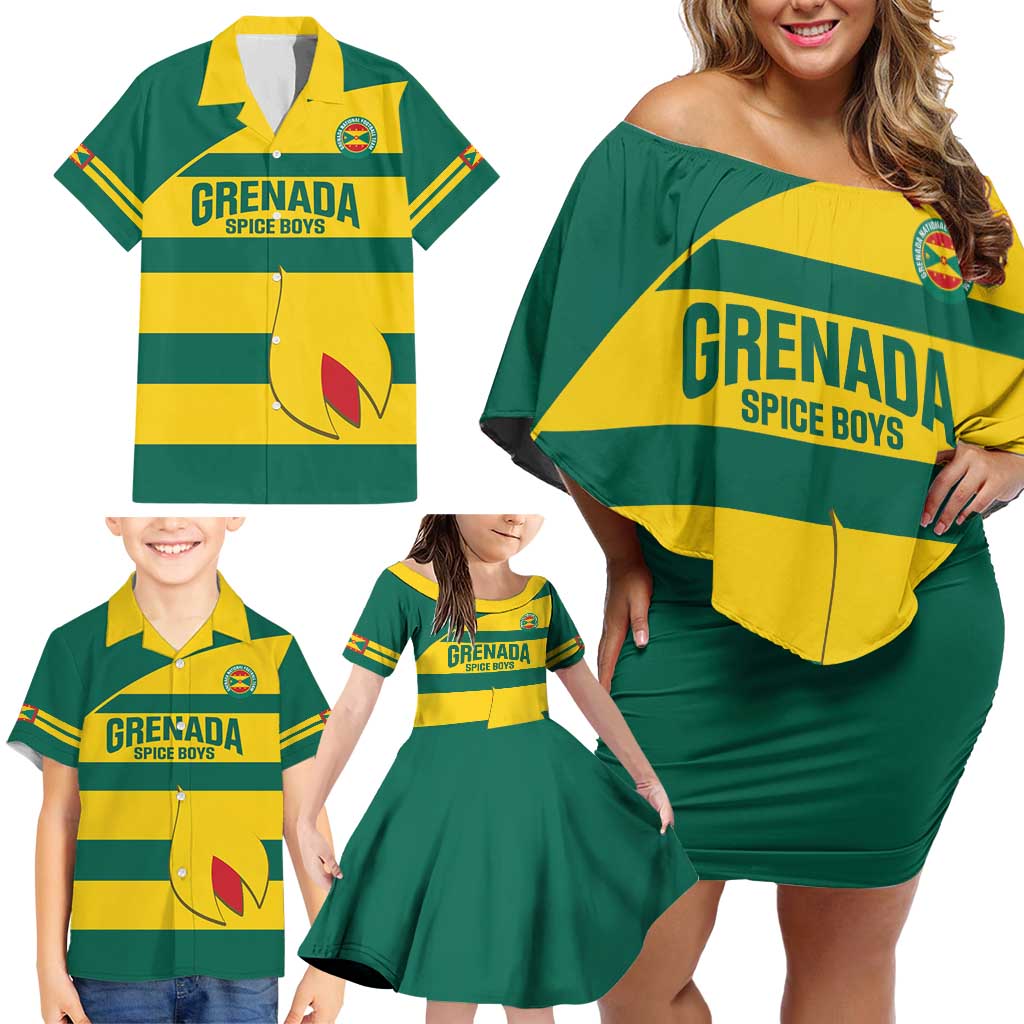 Custom Grenada Football Family Matching Off Shoulder Short Dress and Hawaiian Shirt Go Spice Boys Green Version