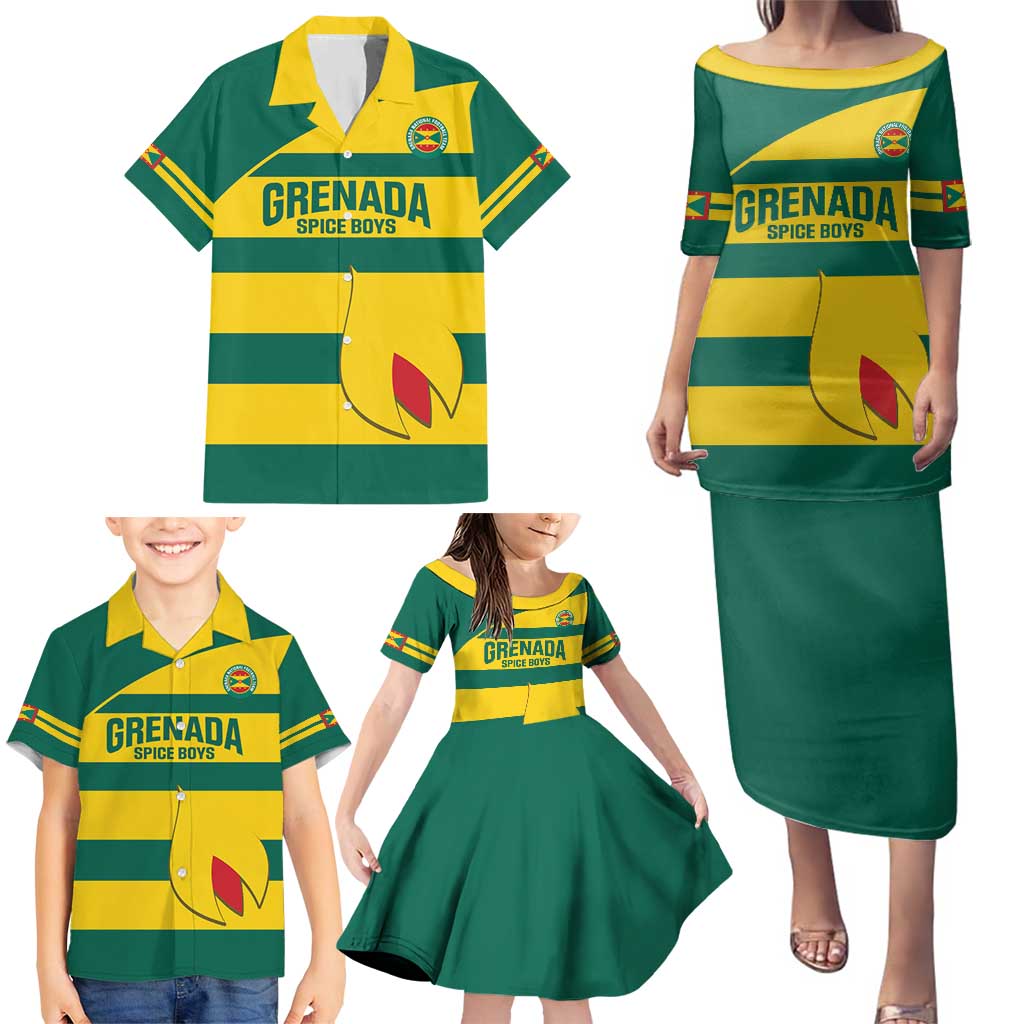 Custom Grenada Football Family Matching Puletasi and Hawaiian Shirt Go Spice Boys Green Version