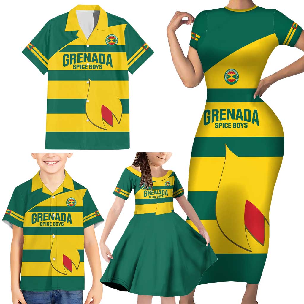 Custom Grenada Football Family Matching Short Sleeve Bodycon Dress and Hawaiian Shirt Go Spice Boys Green Version