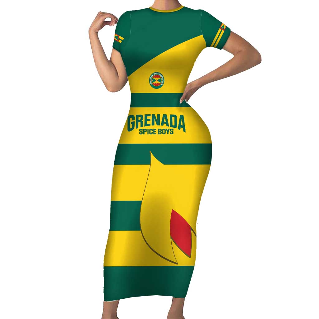 Custom Grenada Football Family Matching Short Sleeve Bodycon Dress and Hawaiian Shirt Go Spice Boys Green Version