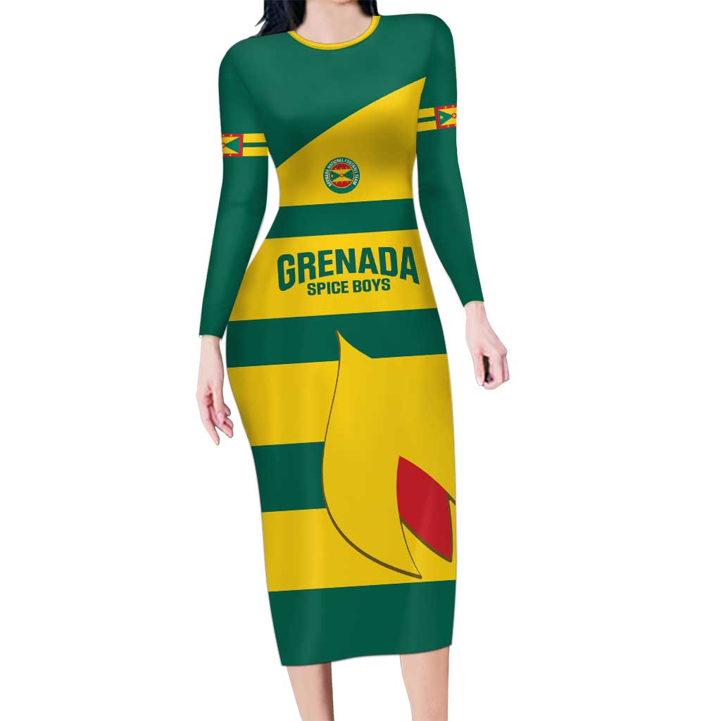 Custom Grenada Football Long Sleeve Bodycon Dress Go Spice Boys Green Version