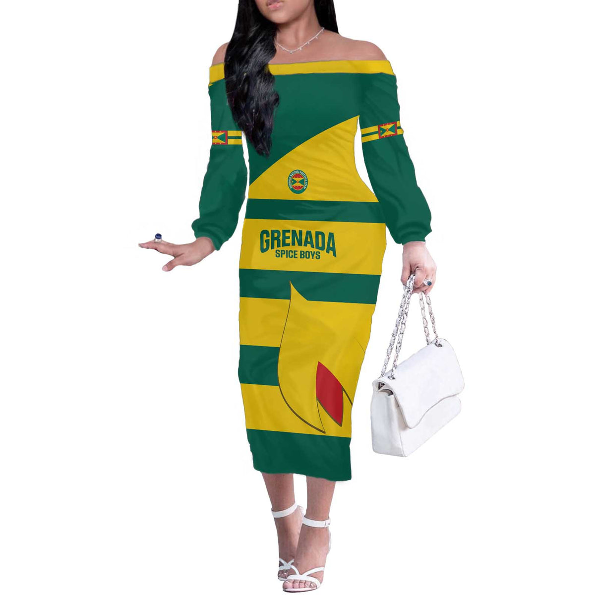 Custom Grenada Football Off The Shoulder Long Sleeve Dress Go Spice Boys Green Version