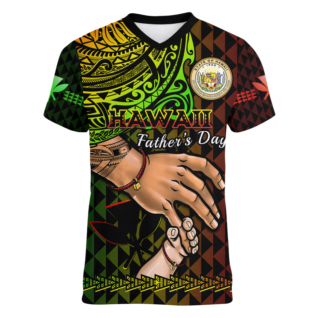 Personalised Father Day Hawaii Women V Neck T Shirt Kanaka Kakau Hauoli La Makuakane - Wonder Print Shop