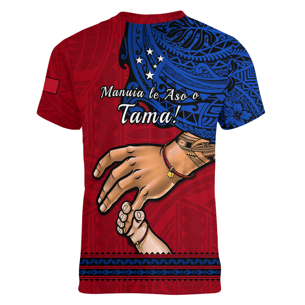 Polynesian Pride Father Day Samoa Women V Neck T Shirt Manuia le Aso Sa o Tama Red Version - Wonder Print Shop