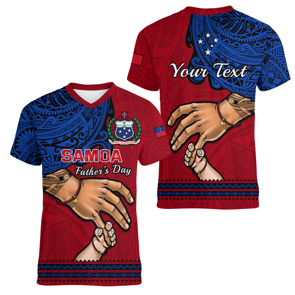 Personalised Father Day Samoa Women V Neck T Shirt Manuia le Aso Sa o Tama Red Version - Wonder Print Shop