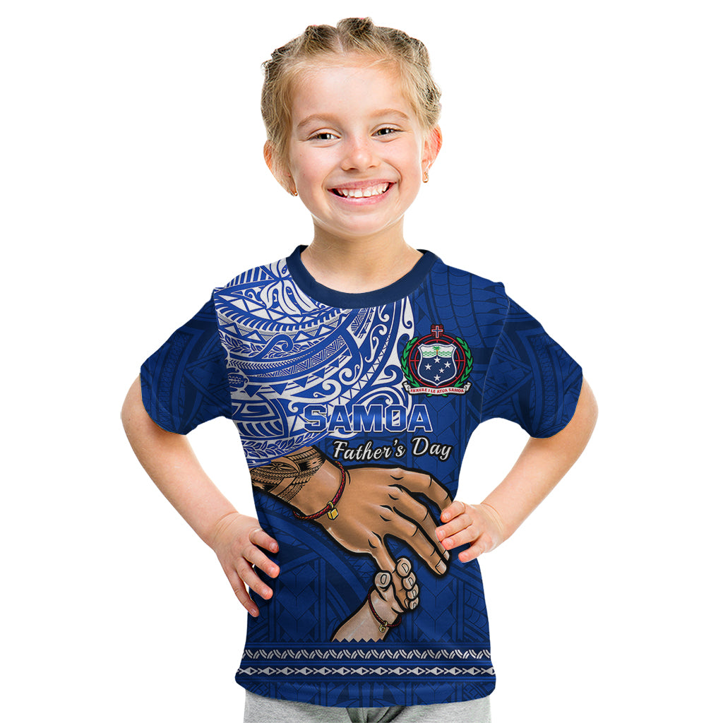 Polynesian Pride Father Day Samoa Kid T Shirt Manuia le Aso Sa o Tama Blue Version - Wonder Print Shop