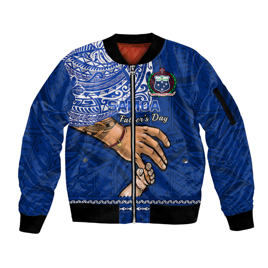 Polynesian Pride Father Day Samoa Sleeve Zip Bomber Jacket Manuia le Aso Sa o Tama Blue Version - Wonder Print Shop