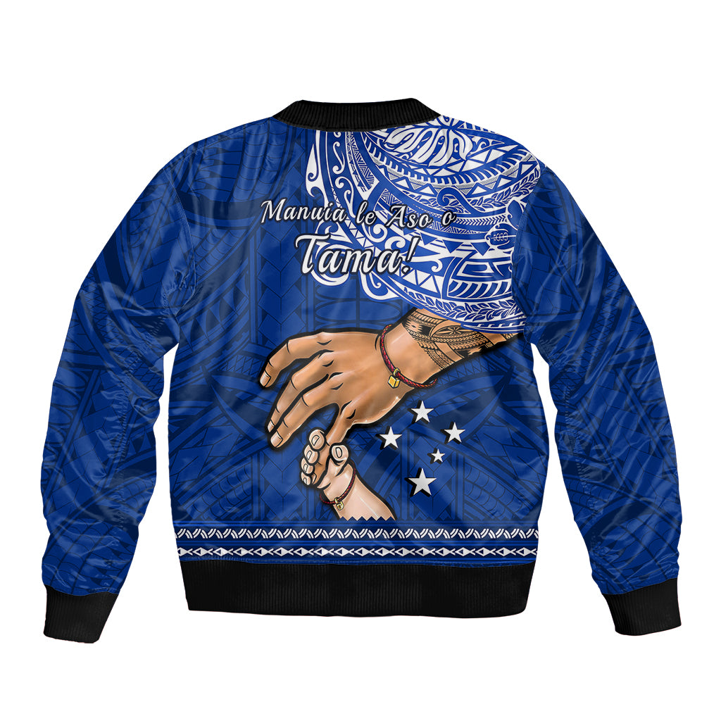 Polynesian Pride Father Day Samoa Sleeve Zip Bomber Jacket Manuia le Aso Sa o Tama Blue Version - Wonder Print Shop