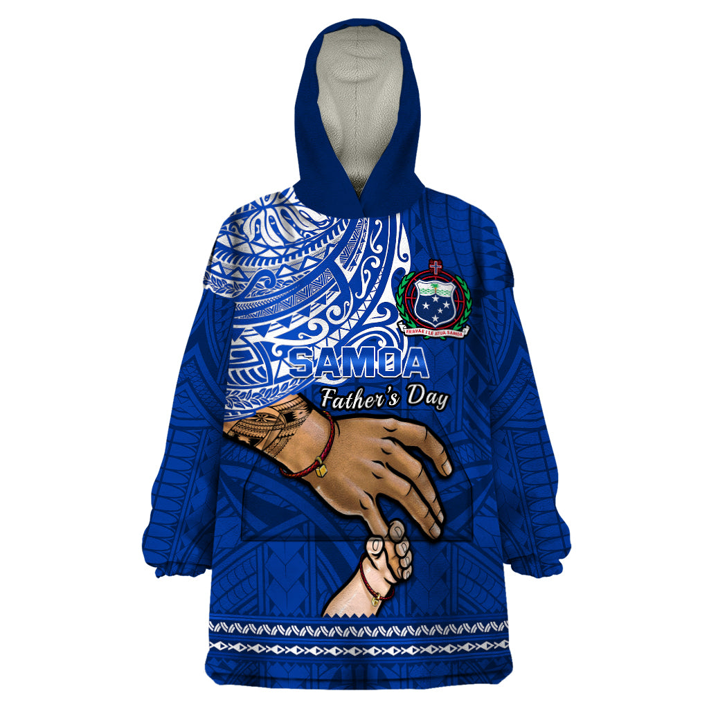 Polynesian Pride Father Day Samoa Wearable Blanket Hoodie Manuia le Aso Sa o Tama Blue Version - Wonder Print Shop