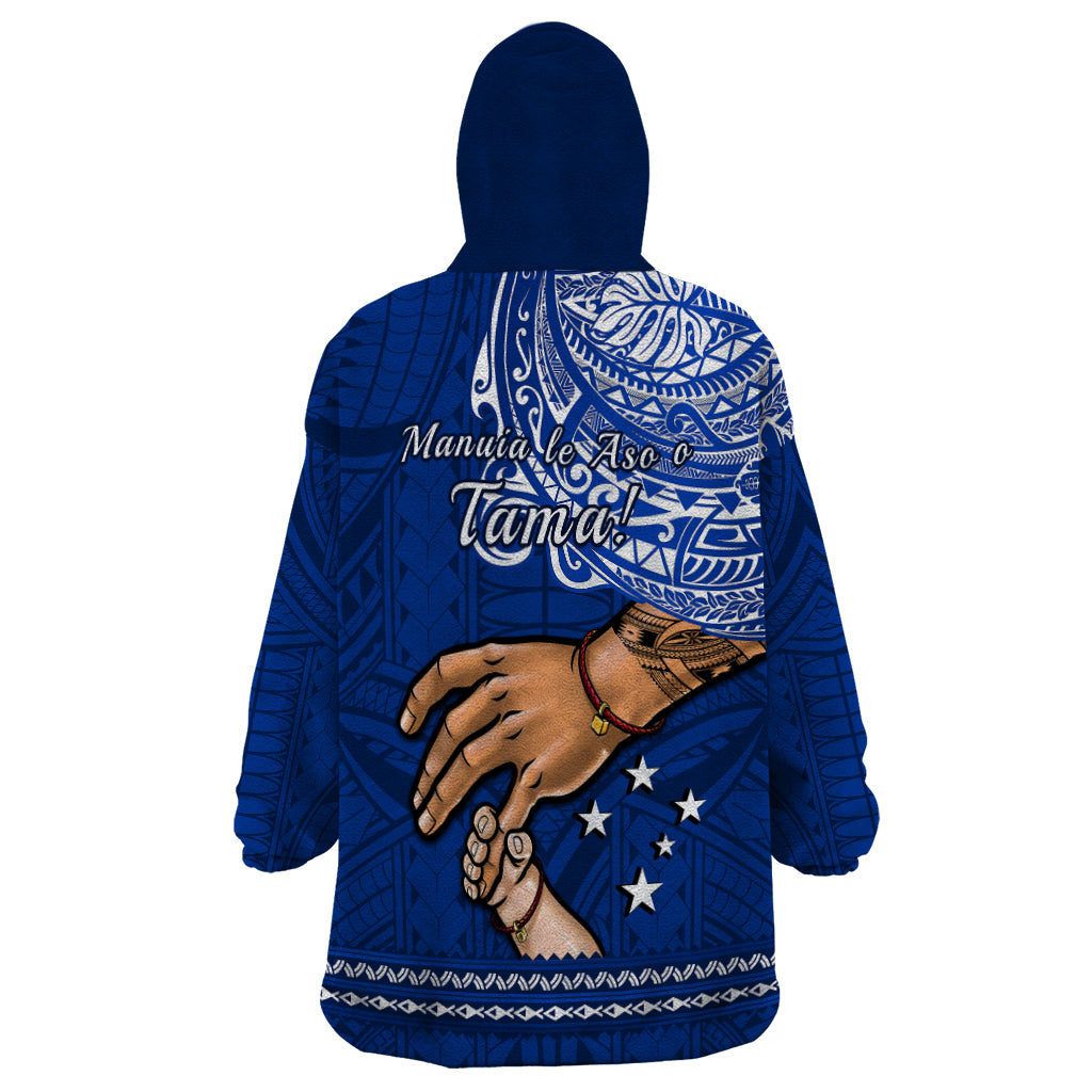 Polynesian Pride Father Day Samoa Wearable Blanket Hoodie Manuia le Aso Sa o Tama Blue Version - Wonder Print Shop