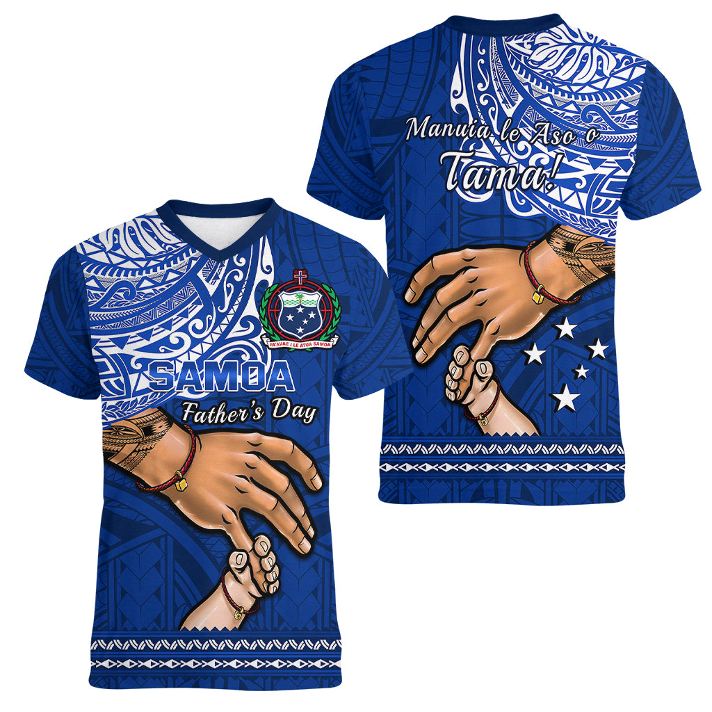 Polynesian Pride Father Day Samoa Women V Neck T Shirt Manuia le Aso Sa o Tama Blue Version - Wonder Print Shop