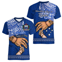 Polynesian Pride Father Day Samoa Women V Neck T Shirt Manuia le Aso Sa o Tama Blue Version - Wonder Print Shop
