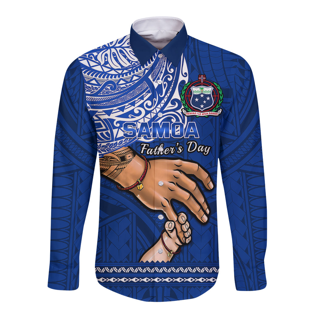 Personalised Father Day Samoa Long Sleeve Button Shirt Manuia le Aso Sa o Tama Blue Version - Wonder Print Shop