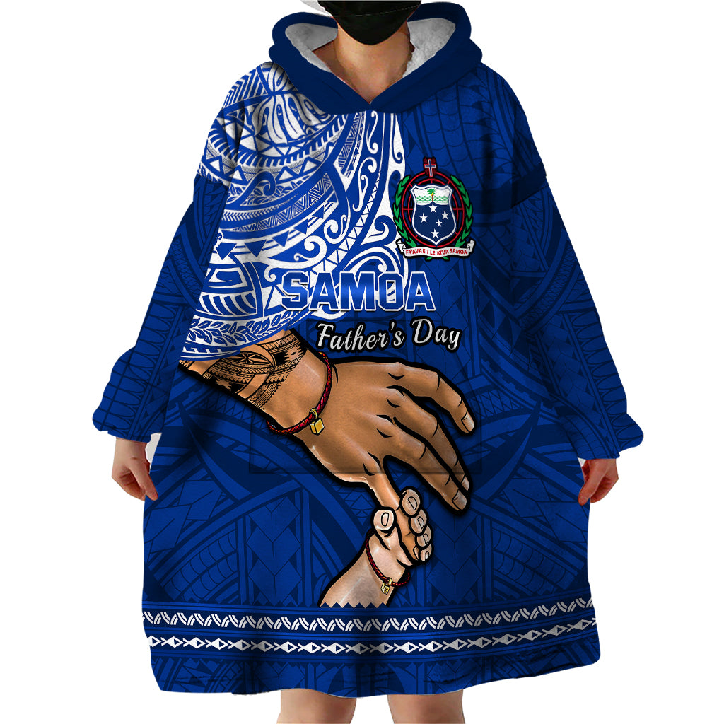 Personalised Father Day Samoa Wearable Blanket Hoodie Manuia le Aso Sa o Tama Blue Version - Wonder Print Shop
