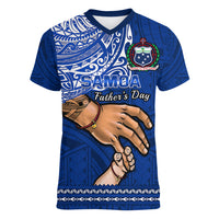 Personalised Father Day Samoa Women V Neck T Shirt Manuia le Aso Sa o Tama Blue Version - Wonder Print Shop