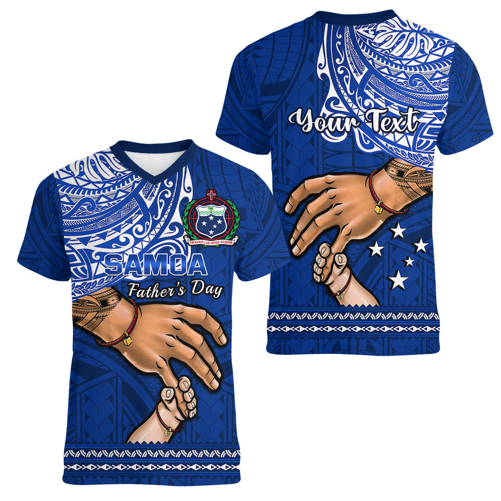 Personalised Father Day Samoa Women V Neck T Shirt Manuia le Aso Sa o Tama Blue Version - Wonder Print Shop