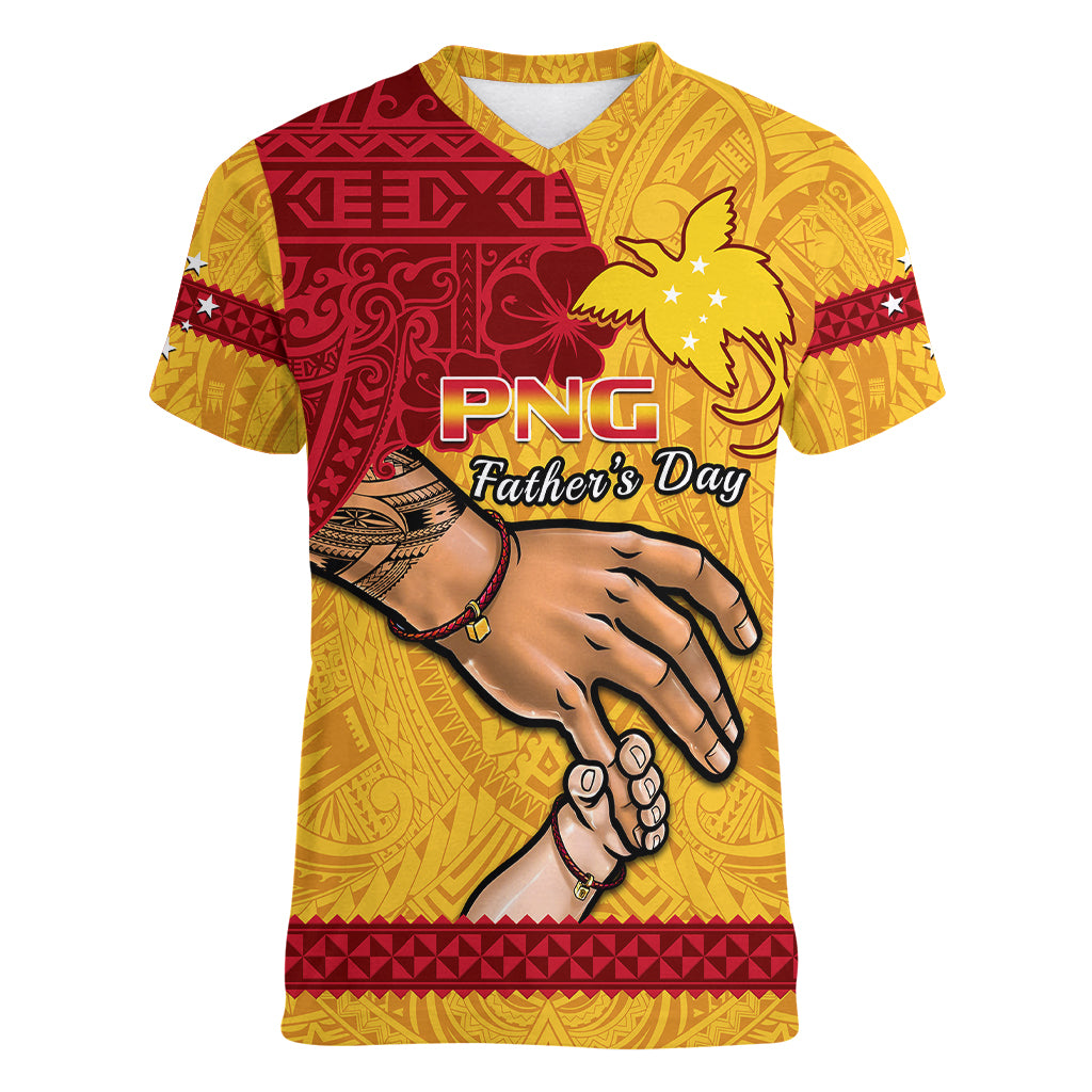 Polynesian Pride Father Day Papua New Guinea Women V Neck T Shirt PNG I Love You Dad Yellow Version - Wonder Print Shop