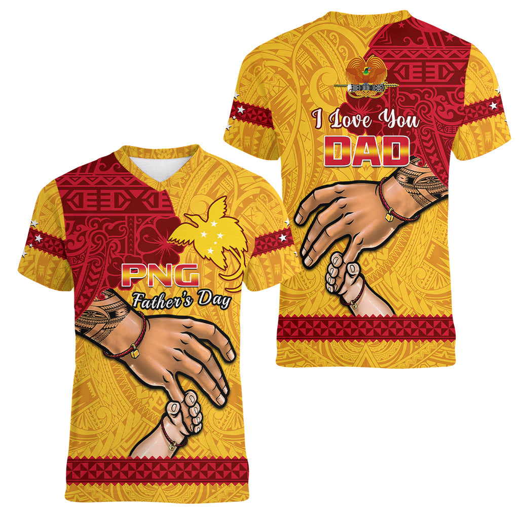 Polynesian Pride Father Day Papua New Guinea Women V Neck T Shirt PNG I Love You Dad Yellow Version - Wonder Print Shop