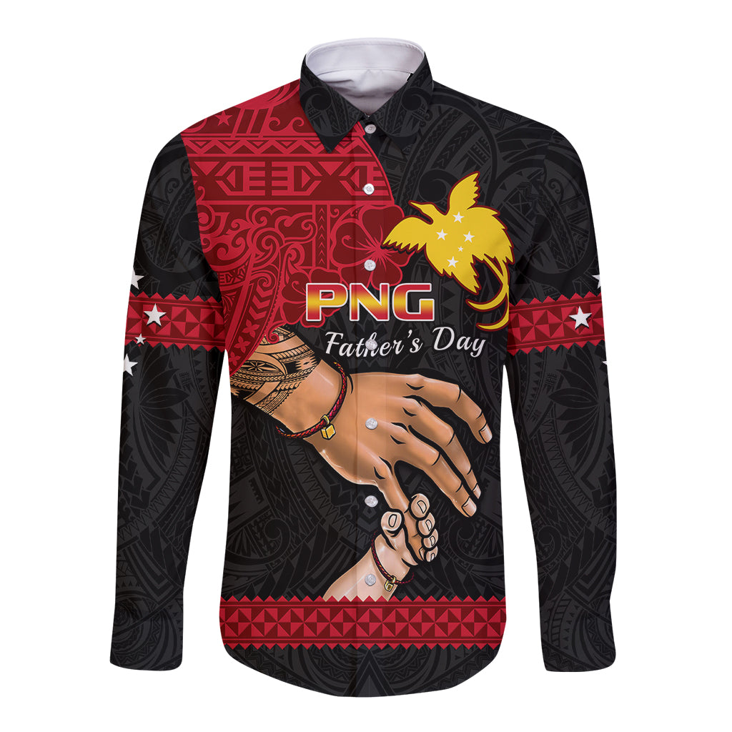Polynesian Pride Father Day Papua New Guinea Long Sleeve Button Shirt PNG I Love You Dad Black Version - Wonder Print Shop