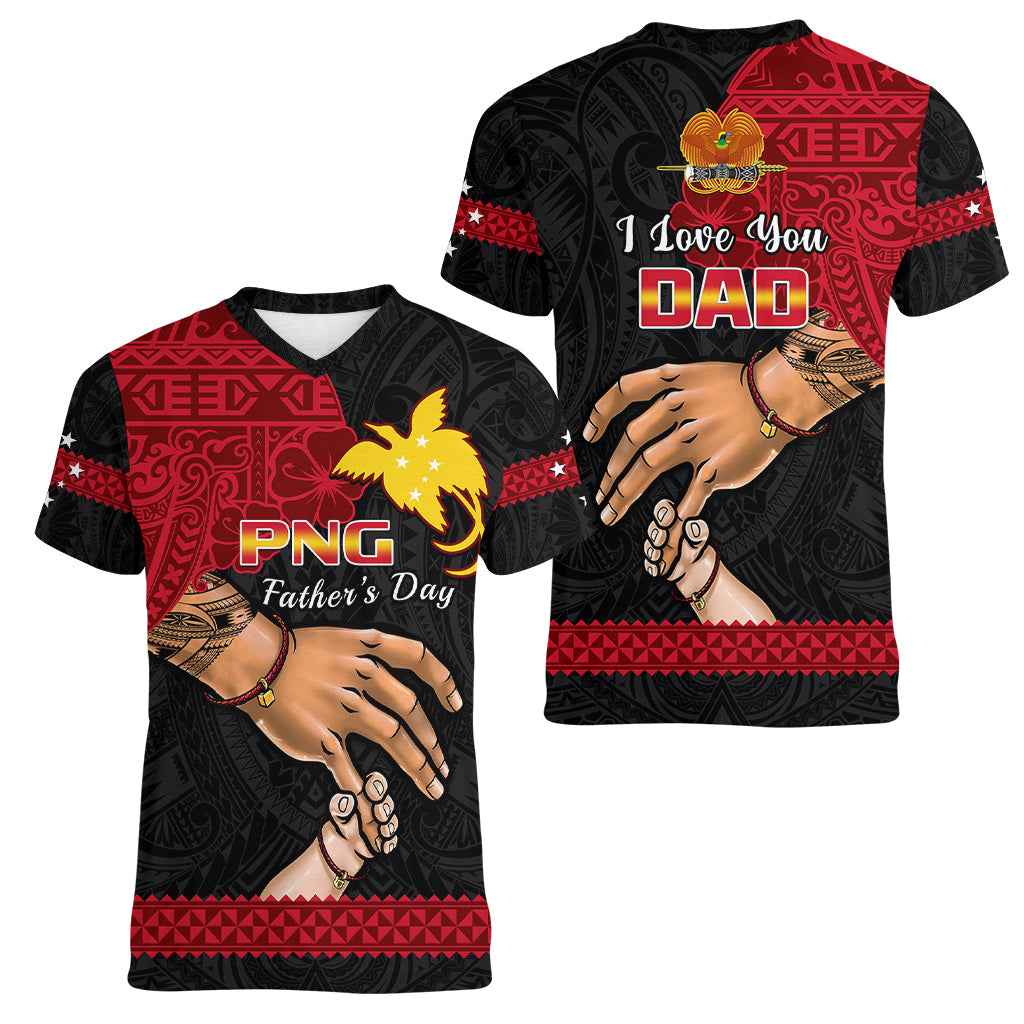 Polynesian Pride Father Day Papua New Guinea Women V Neck T Shirt PNG I Love You Dad Black Version - Wonder Print Shop