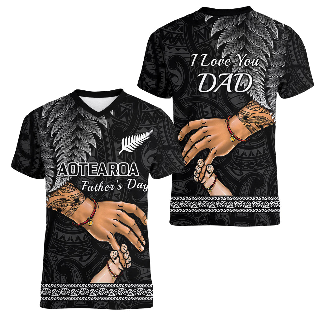 Polynesian Pride Father Day New Zealand Women V Neck T Shirt Aotearoa Maori Fern I Love You Dad - Wonder Print Shop