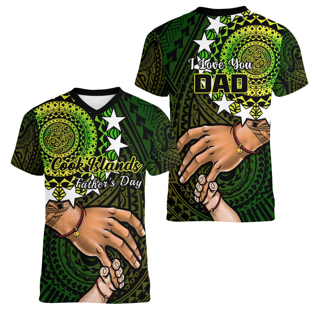 Polynesian Pride Father Day Cook Islands Women V Neck T Shirt I Love You Dad Kuki Airani Turtle Pattern - Wonder Print Shop
