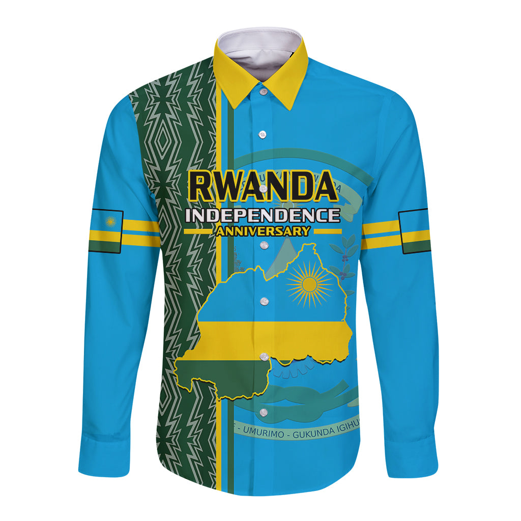 Personalised 1 July Independence Day Rwanda Long Sleeve Button Shirt African Imigongo Happy 61st Anniversary - Wonder Print Shop