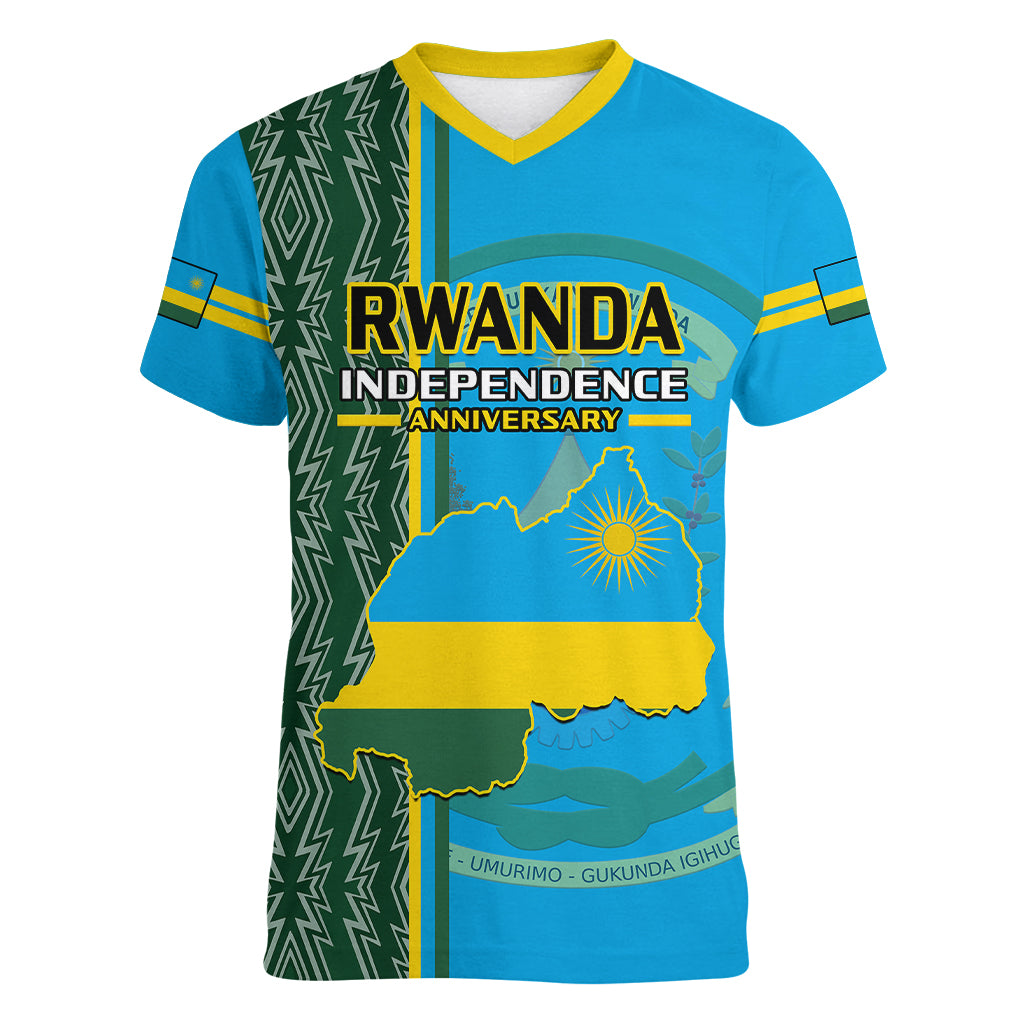 Personalised 1 July Independence Day Rwanda Women V Neck T Shirt African Imigongo Happy 61st Anniversary - Wonder Print Shop