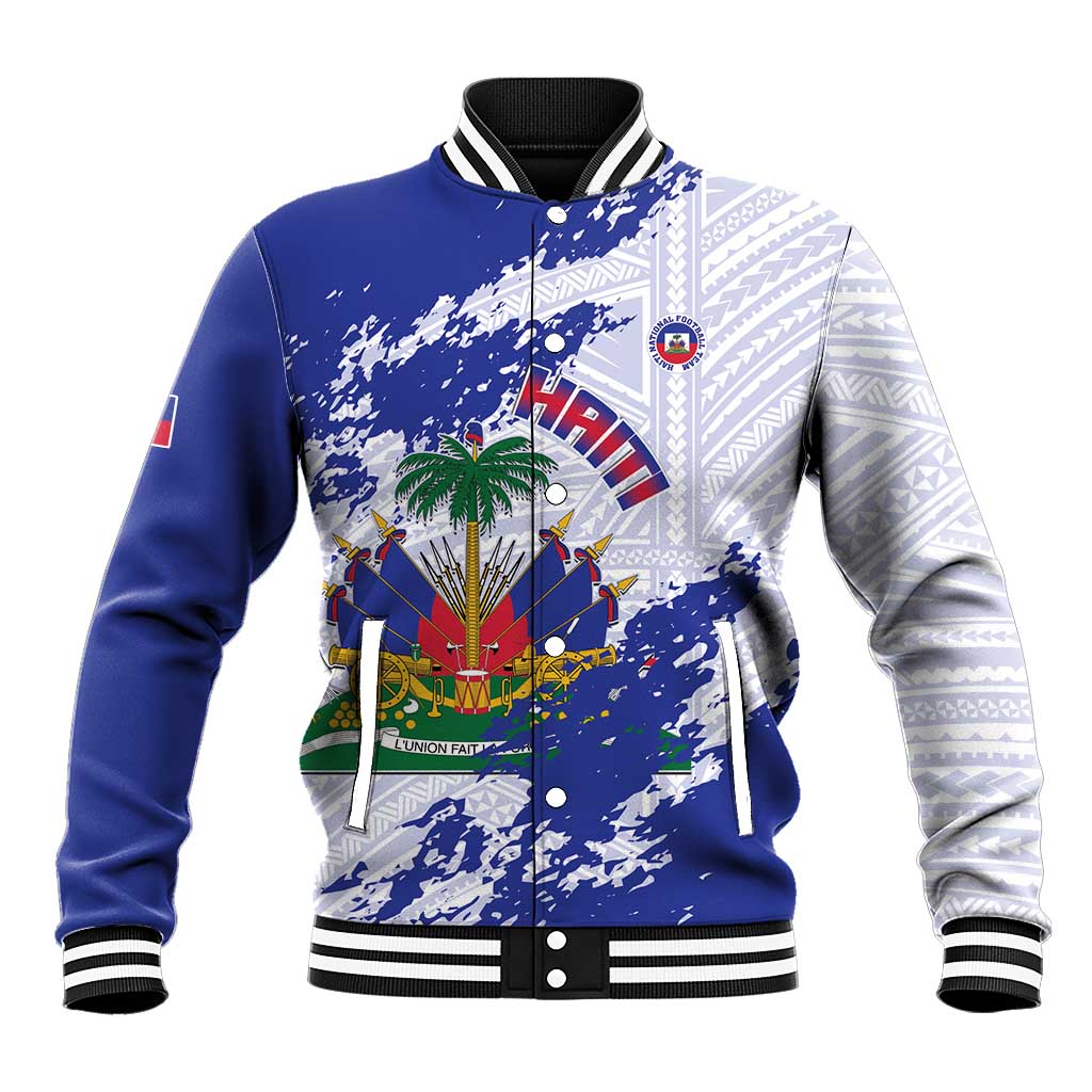 Custom Haiti Football Baseball Jacket Les Grenadiers Blue Grunge Polynesian Tattoo - Wonder Print Shop