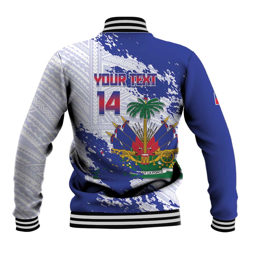 Custom Haiti Football Baseball Jacket Les Grenadiers Blue Grunge Polynesian Tattoo - Wonder Print Shop
