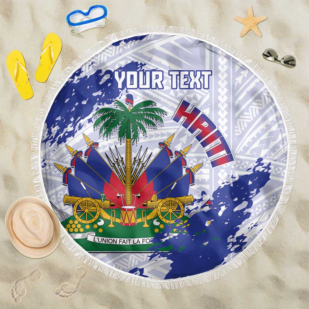 Custom Haiti Football Beach Blanket Les Grenadiers Blue Grunge Polynesian Tattoo - Wonder Print Shop