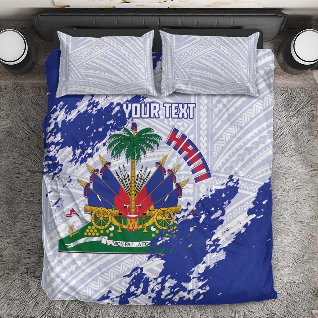 Custom Haiti Football Bedding Set Les Grenadiers Blue Grunge Polynesian Tattoo - Wonder Print Shop