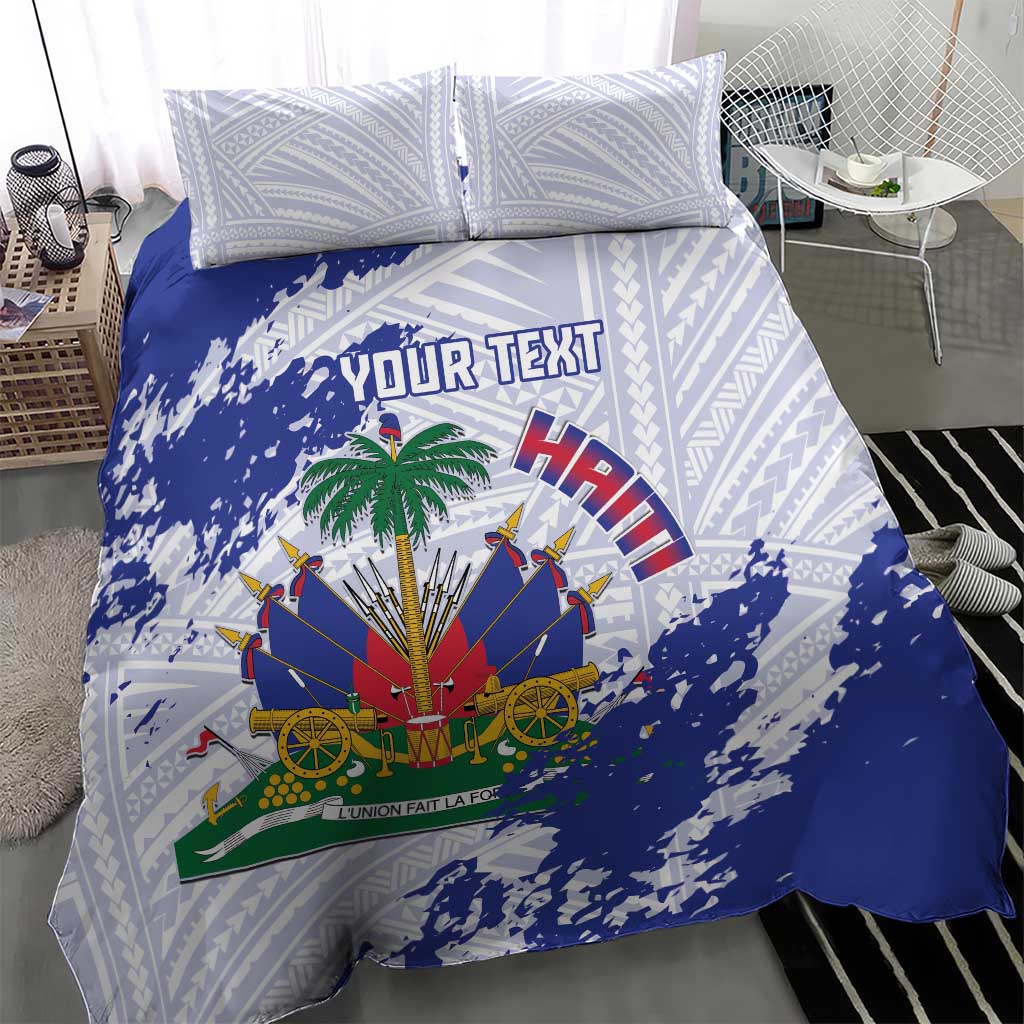 Custom Haiti Football Bedding Set Les Grenadiers Blue Grunge Polynesian Tattoo - Wonder Print Shop