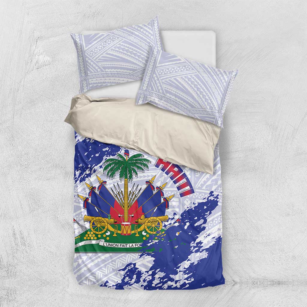 Custom Haiti Football Bedding Set Les Grenadiers Blue Grunge Polynesian Tattoo - Wonder Print Shop