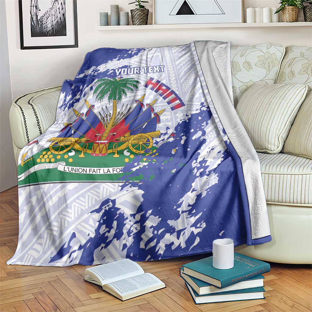 Custom Haiti Football Blanket Les Grenadiers Blue Grunge Polynesian Tattoo - Wonder Print Shop