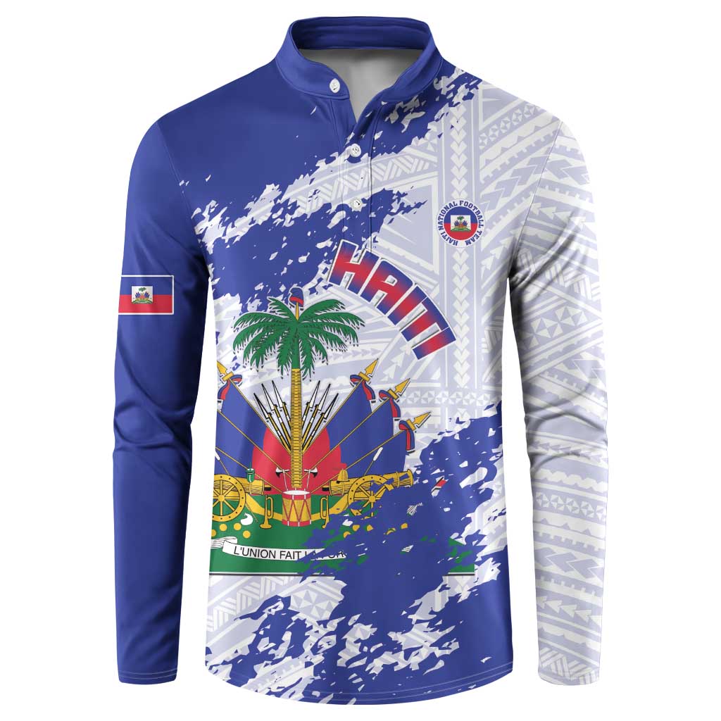 Custom Haiti Football Button Sweatshirt Les Grenadiers Blue Grunge Polynesian Tattoo - Wonder Print Shop