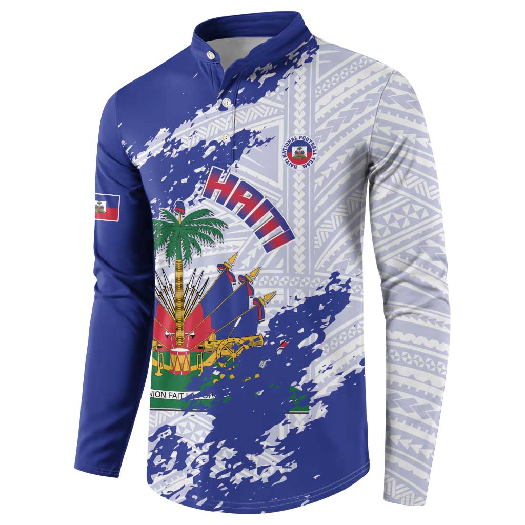 Custom Haiti Football Button Sweatshirt Les Grenadiers Blue Grunge Polynesian Tattoo - Wonder Print Shop