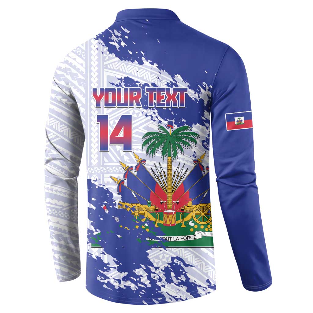 Custom Haiti Football Button Sweatshirt Les Grenadiers Blue Grunge Polynesian Tattoo - Wonder Print Shop