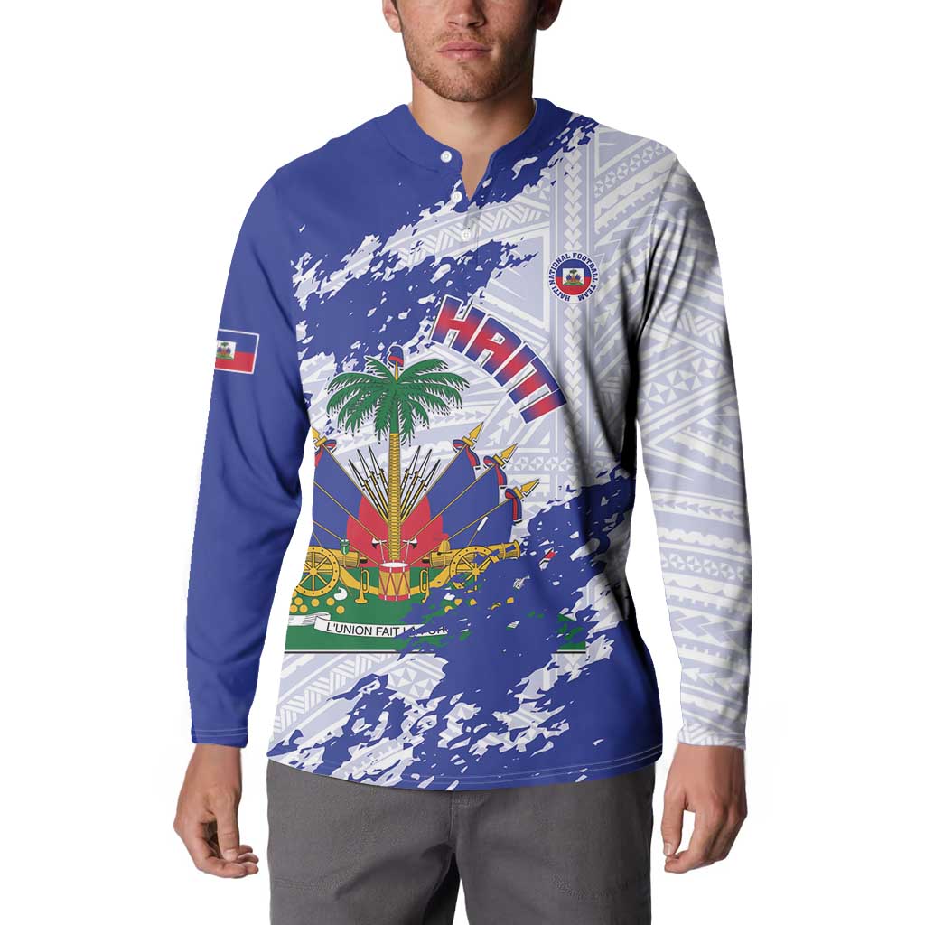 Custom Haiti Football Button Sweatshirt Les Grenadiers Blue Grunge Polynesian Tattoo - Wonder Print Shop