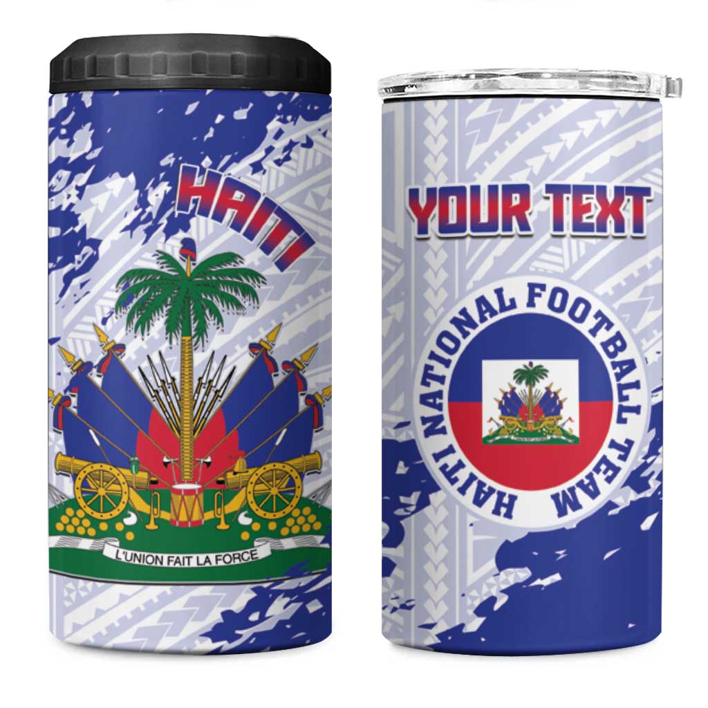 Custom Haiti Football 4 in 1 Can Cooler Tumbler Les Grenadiers Blue Grunge Polynesian Tattoo - Wonder Print Shop